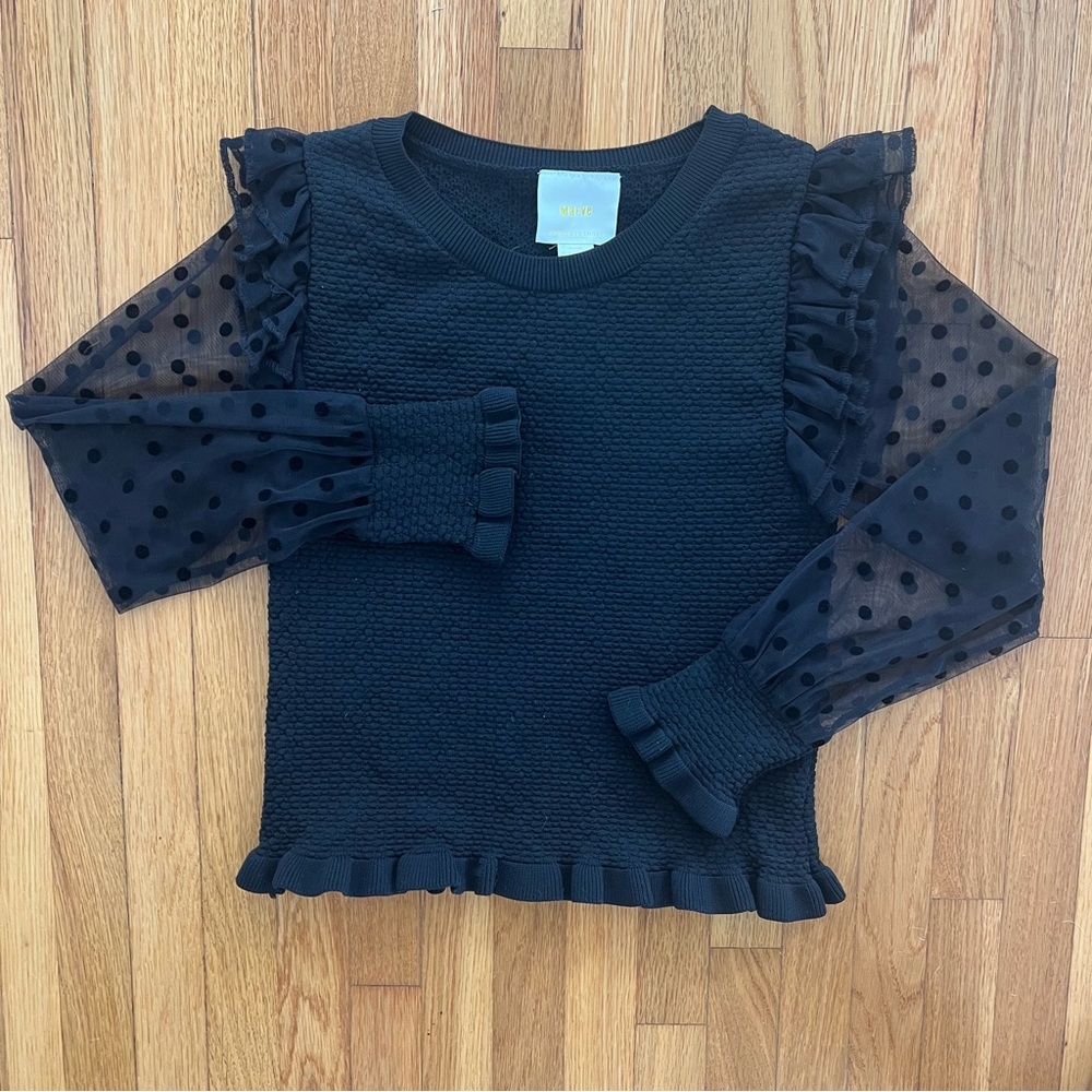🎉HP🎉 NWT Anthropologie Maeve Sheer Polka Dot Long-Sleeve, Ruffled Shoulder Top M - Picture 3 of 7
